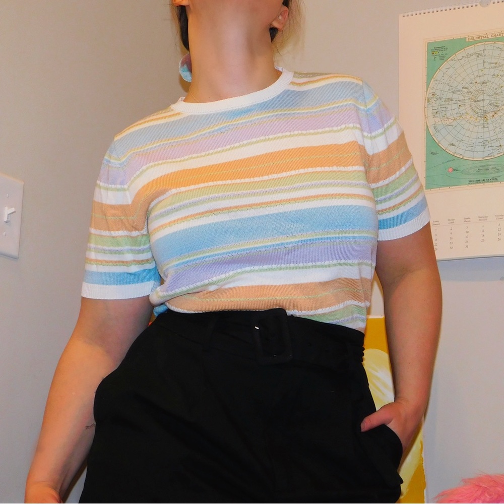 Retro Style Alfred Dunner Petite Pastel Striped Short Sleeve Tee Size 6